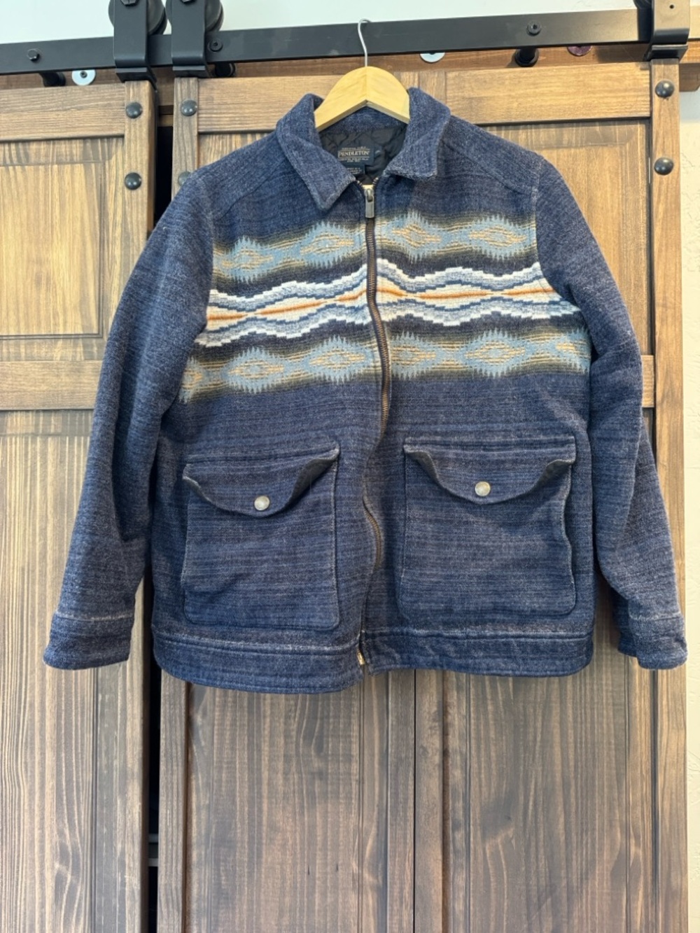 Pendleton Navy Wool-Blend Zip Jacket with Southwestern Stripes